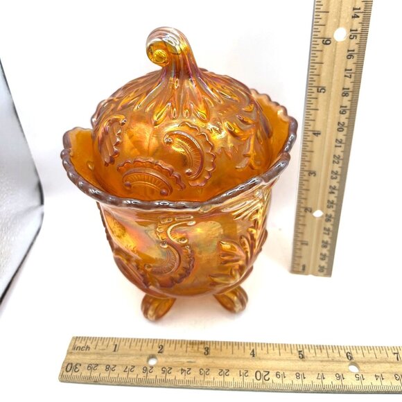 Vintage Carnival Glass Lidded Candy Dish With Embossed Paisley & Leaf Design - Picture 2 of 6